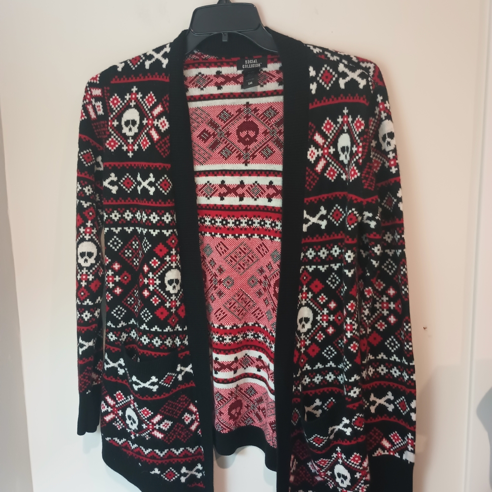Social Collision Skull Fair Isle Cardigan Sweater Black Red White Goth Emo SM